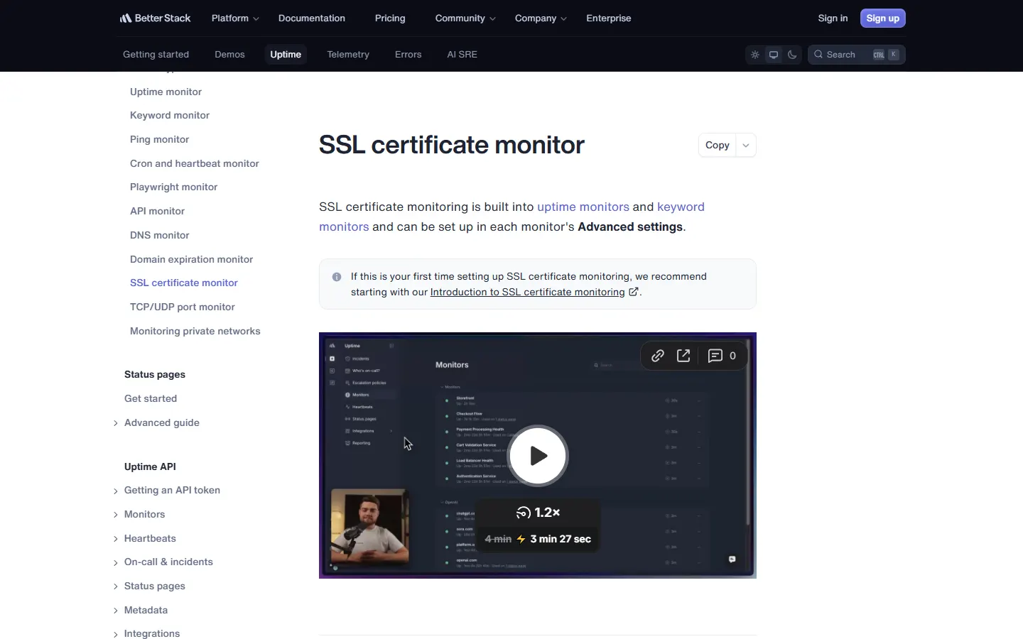 Better Stack SSL certificate monitor documentation showing uptime monitor settings for certificate checks