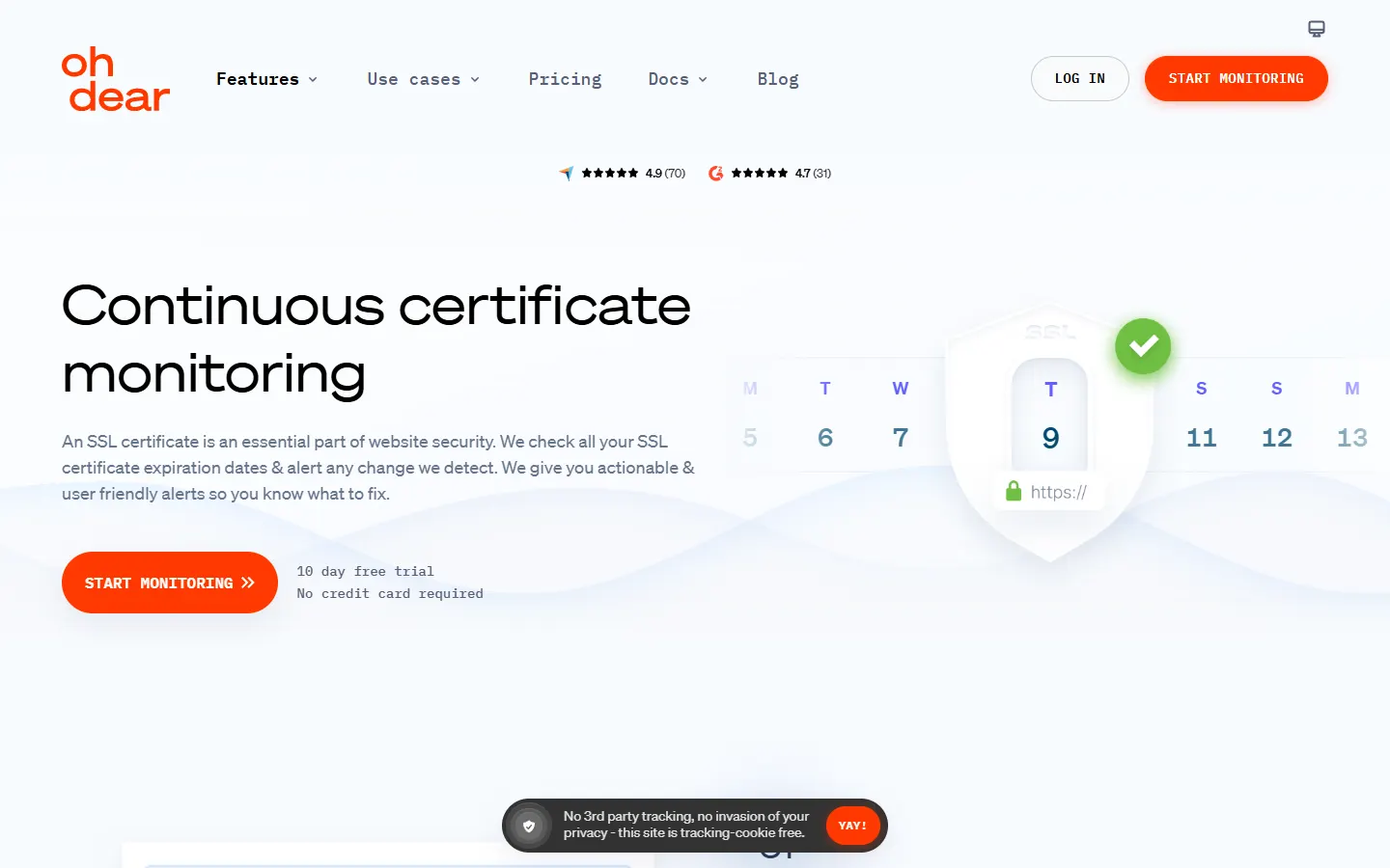 Oh Dear certificate monitoring page showing expiration alerts and website health checks