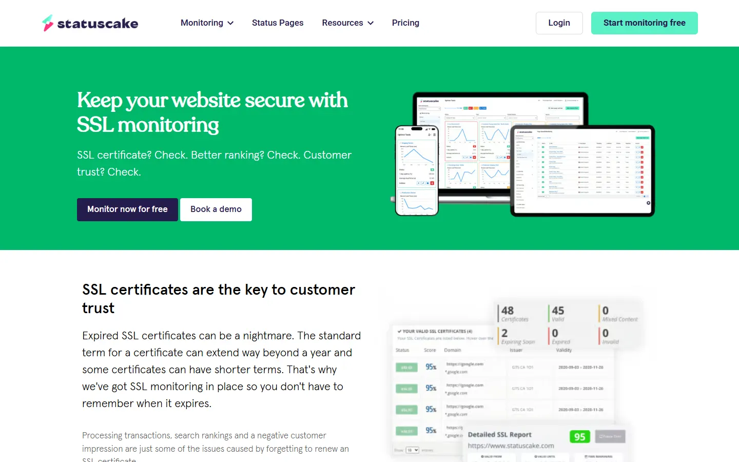 StatusCake SSL monitoring page showing certificate status reporting across website monitoring dashboards